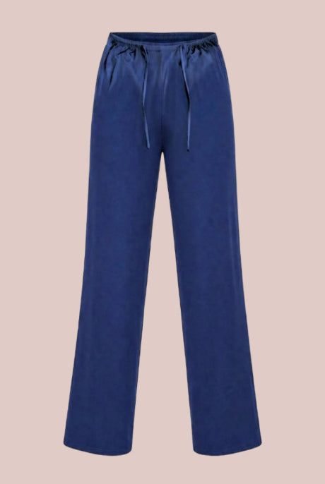Blue pants with drawstring on a white background