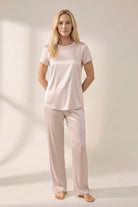 Olga T-shirt matched with May lounge pants in Champagne, elegant women’s loungewear by ChambresSweden.