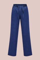 Blue pants with drawstring on a white background